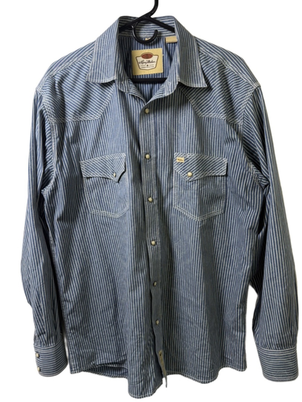 Larry Mahan Blue and White Striped Western Button-Down pearl snap Shirt